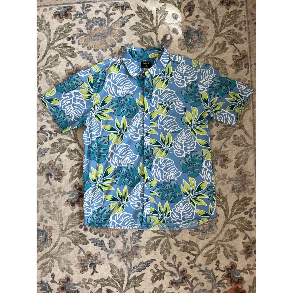 Hurley Button Down Shirt Women Large Blue Tropical Monstera Leaf Excellent S/S